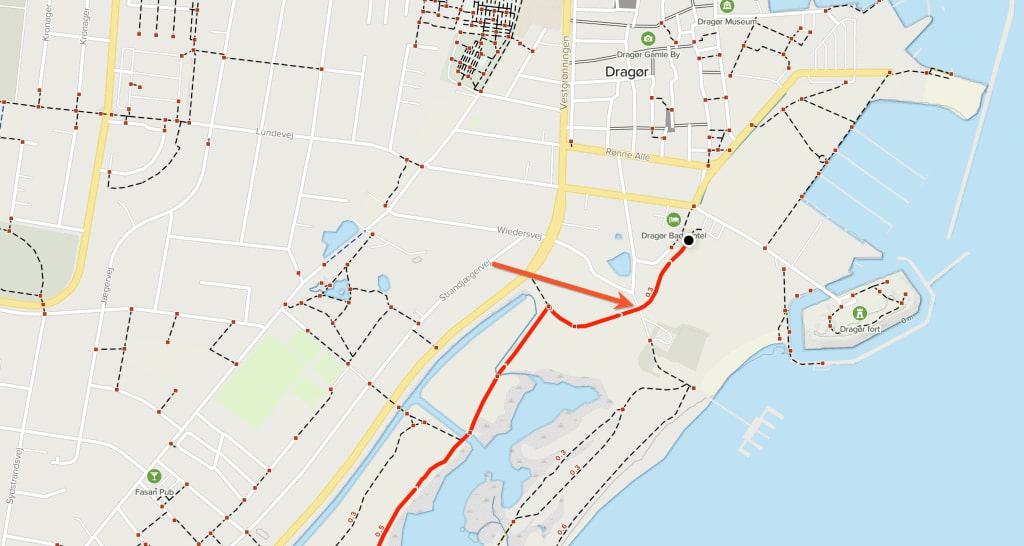 Map location of the goose pedestrian cross on the Amarminoen hiking route near Copenhagen, Denmark